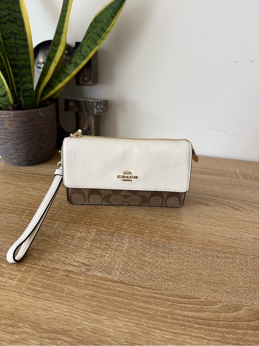 Coach Cream Leather & Brown Signature Canvas Wristlet